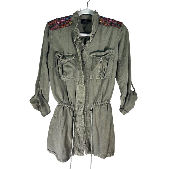 Angie Womens Embroidered Utility Jacket Medium with Pockets & Drawstring Waist - Picture 3 of 10